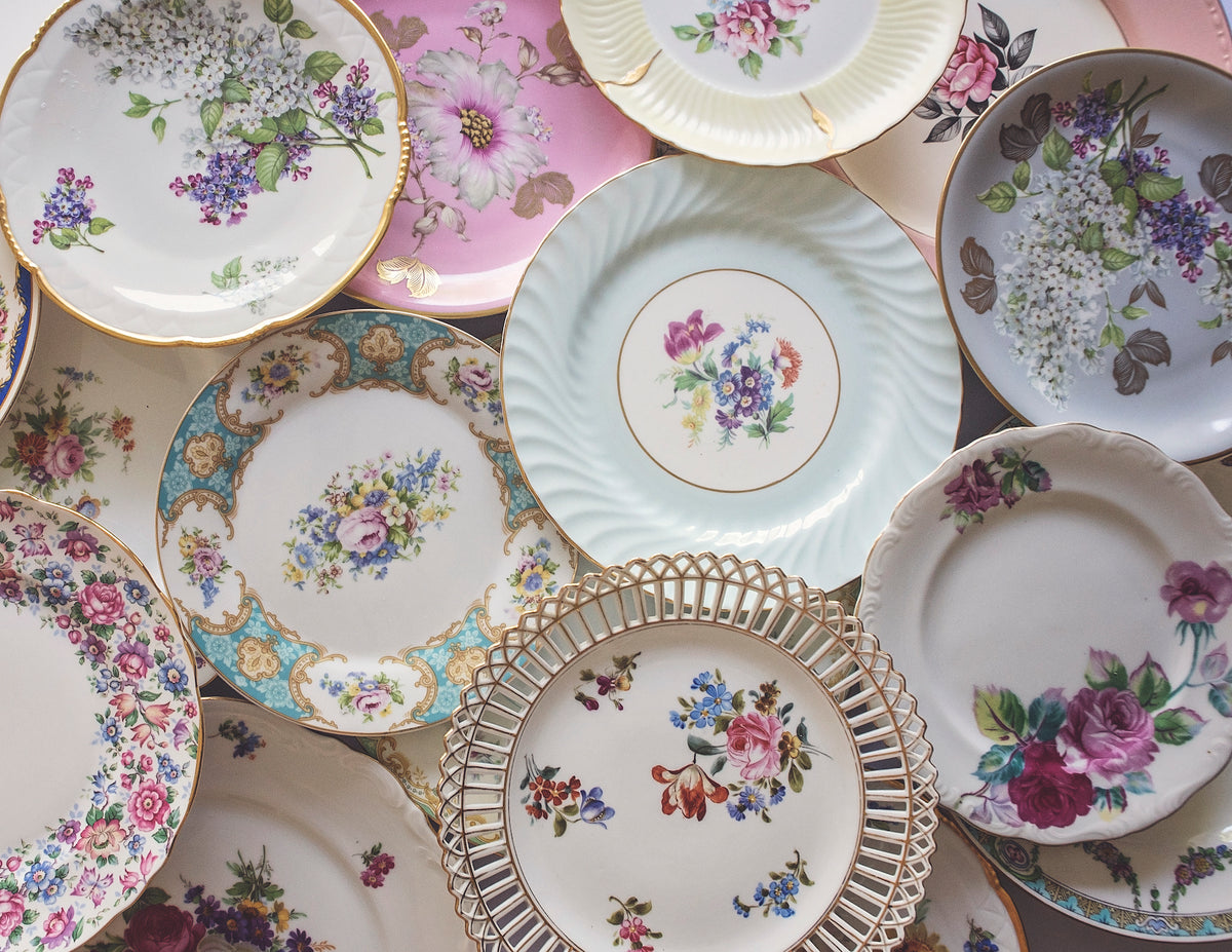 Rent mix-and-match vintage plates for showers and other parties